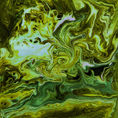 Colorful hand painted green wavy texture. Fluid art.