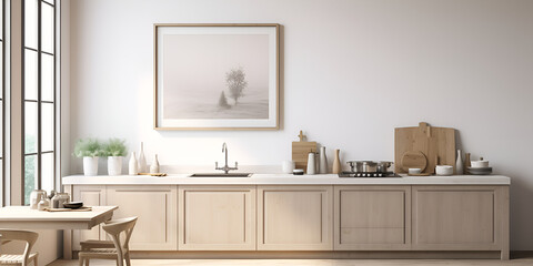 Modern design kitchen room interior. shelf with cooking kitchenware books, wooden floor. 3d rendering. 