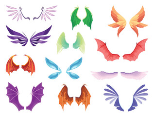 Fototapeta na wymiar Cartoon wings of fairy creatures, fantasy characters and animals. Set of different wings pairs dragon, monster, butterfly, bird with colorful feathers designs. Cartoon vector illustration