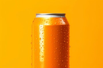 Can of fresh soda with water drops on orange background, closeup.  - obrazy, fototapety, plakaty