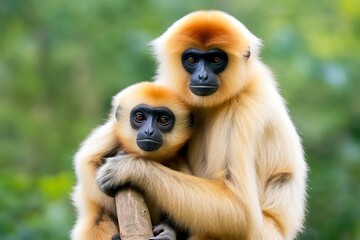 Obraz premium Close image of Cheeked Gibbon monkey mother with a child in the forest. 