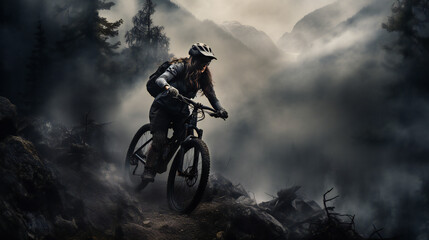 Mountain biking young woman riding a bicycle