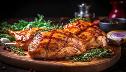 Closeup of tasty roast chicken breast served on wooden board. Grilled chicken. 