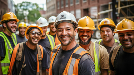 Happy team of construction workers wearing helmets and smiling