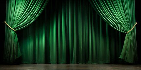 Green Curtain Closes on Stage Background.  Dramatic Theater Curtain Scene - obrazy, fototapety, plakaty