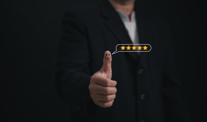 usinessman Selecting Five Star Satisfaction Rate for Positive Feedback : Modern Success in Digital Communication or Complacent Achieving Excellence in User Experience