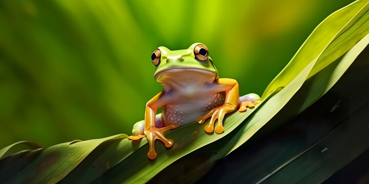 Dumpy Frog On Leaves, Frog, Amphibian, Reptile. Generative AI