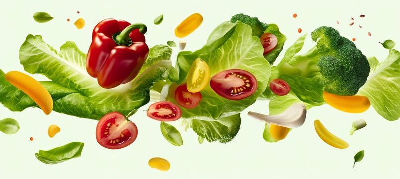 Falling vegetables, salad of bell pepper, tomato, and lettuce leaves. Generative AI