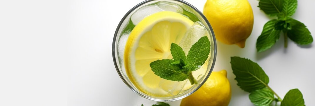 Lemonade in a glass with fresh lemons and mint. Cold summer drink with copy space. Generative AI