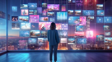 A person watching a video wall with multimedia images on different television screens. Generative AI - obrazy, fototapety, plakaty
