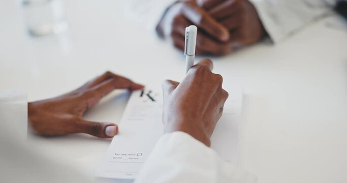 Doctor, patient and hands writing prescription, diagnosis or results on paper for note, consultation or medication list at hospital. Closeup of medical or healthcare worker filling in paperwork