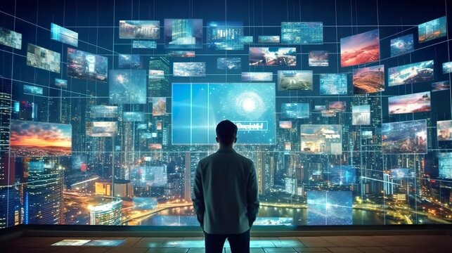 A person watching a video wall with multimedia images on different television screens. Generative AI