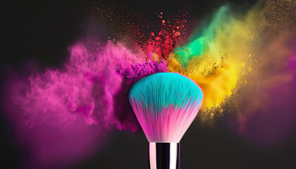 Cosmetic brushes and explosion colorful powders on black background. Make up brush with powder