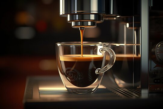 A professional coffee machine preparing an espresso coffee in a glass cup,  AI Generative