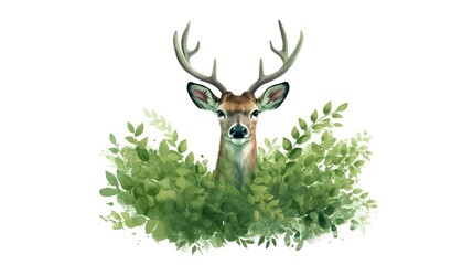 Illustration of a deer with green leaves, white background. 