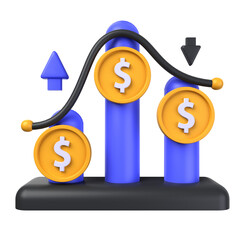 fluctuation of 3d illustration isolated on white background. Investment 3D Concept. dollar coin in front of tube diagram with diagram lines and up and down signs. 3d render