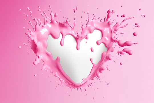 Pink heart shape milk splash, romantic food symbol for Valentines day.