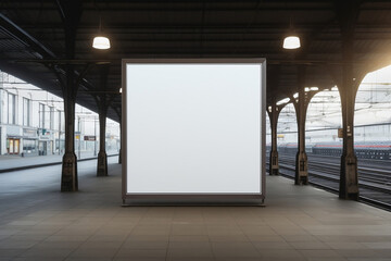 a blank square canvas poster billboard hanging on a wall at a railway station