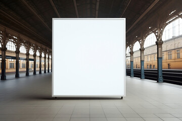 a blank square canvas poster billboard hanging on a wall at a railway station