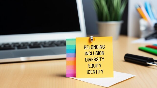 Belonging, diversity, equality, inclusion and identity write on sticky note. Created with Generative AI technology