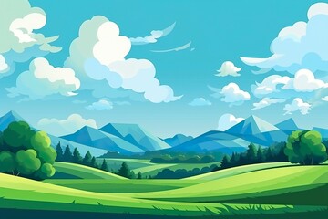 Obraz premium Geometric Mountain Landscape with Clouds and a Green Field. AI Generative