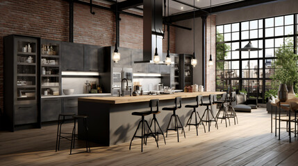 3D rendering of modern kitchen in a loft design