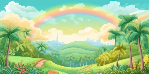 Fototapeta na wymiar A Cartoon Children Page with a Rainbow and Palm Trees. A Fun and Educational Adventure. AI Generative