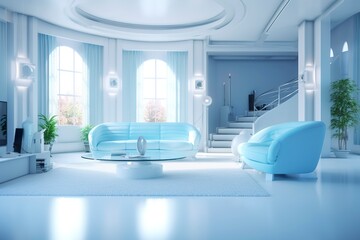 A professional and eye catching light blue with white living room in the metaverse.  AI Generative