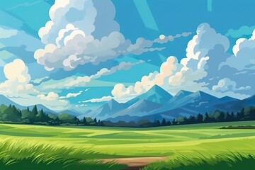 Obraz premium Geometric Mountain Landscape with Clouds and a Green Field. AI Generative
