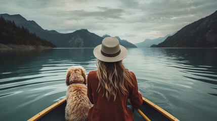 A girl in a white hat travels with a dog in a boat. She and her dog are best friends. Background with a view of the mountains and the back side of a tourist woman with a boat. - obrazy, fototapety, plakaty