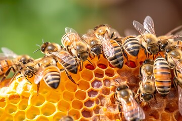 honey bees on honeycomb in apiary in summertime.