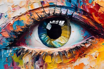 “Fluorite” oil painting. Conceptual abstract picture of the eye. Oil painting in colorful colors. Conceptual abstract closeup of an oil painting and palette knife on canvas.  - obrazy, fototapety, plakaty