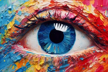 “Fluorite” oil painting. Conceptual abstract picture of the eye. Oil painting in colorful colors. Conceptual abstract closeup of an oil painting and palette knife on canvas.  - obrazy, fototapety, plakaty