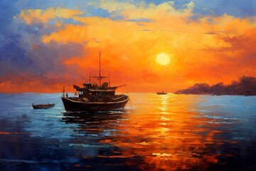 Obraz premium Oil Painting of a Fisherman Boat at Sunset on Sea. Sea Landscape concept. 