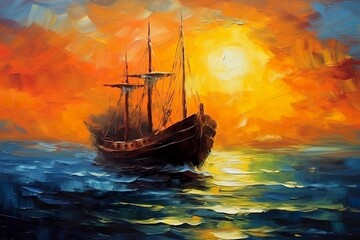 Oil Painting of a Fisherman Boat at Sunset on Sea. Sea Landscape concept. 