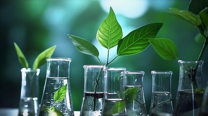 Biotechnology concept with green plant leaves, laboratory glassware, and conducting research, illustrating the powerful combination of nature and science in medical advancements.  