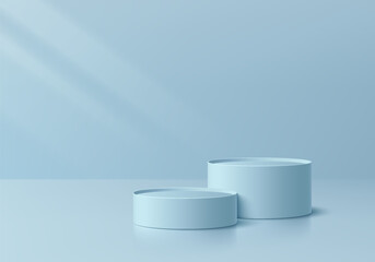 3D podium background. Realistic level blue cylinder pedestal set with light and shadow wall scene. Abstract composition in minimal design. Platforms mockup product display presentation. Stage showcase