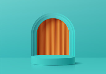 3D podium background. Green blue cylinder pedestal and orange curtain in arch window on wall scene. Abstract composition in minimal design. Platforms cosmetic product presentation. Stage showcase.