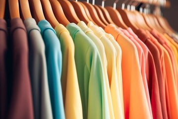 Colorful clothes on a clothing rack, pastel colorful closet in a shopping store or bedroom, rainbow color clothes choice on hangers, home wardrobe concept image.  - obrazy, fototapety, plakaty