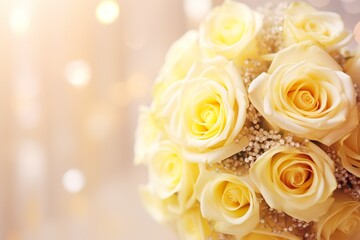 Obraz na płótnie Canvas Yellow roses bouquet and pearls, champagne on abstract blur pastel background. Wedding flowers and bright bokeh glitter backdrop
