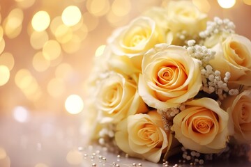 Obraz premium Yellow roses bouquet and pearls, champagne on abstract blur pastel background. Wedding flowers and bright bokeh glitter backdrop