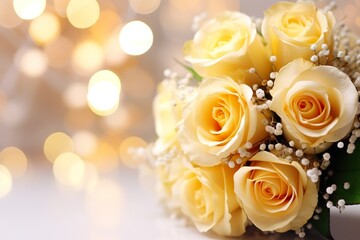 Yellow roses bouquet and pearls, champagne on abstract blur pastel background. Wedding flowers and bright bokeh glitter backdrop