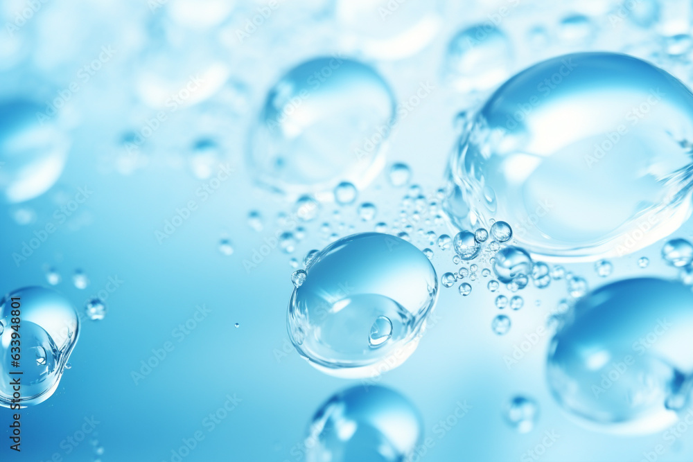 Poster close up of water with bubbles on a blue background for cosmetic background.created with generative 