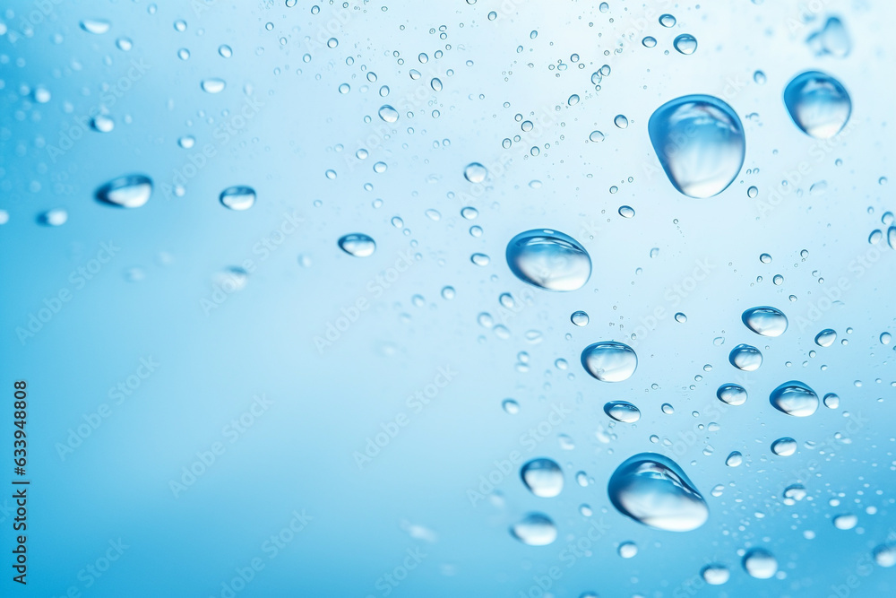 Poster close up of water with bubbles on a blue background for cosmetic background.created with generative 