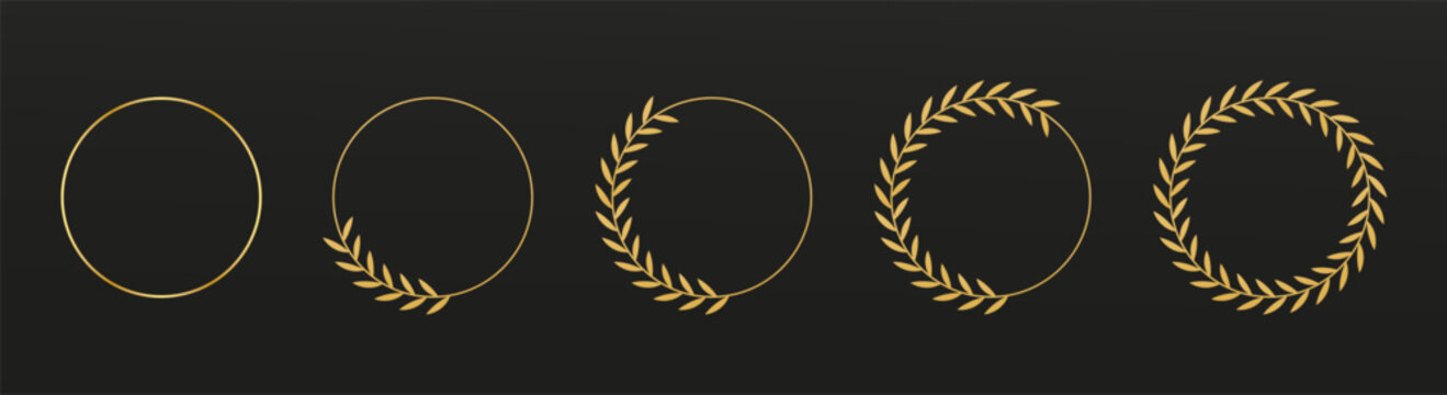 Branches golden. Leaf logo. Round award elegant frame for logotype design, circular gold luxury wreath, circle stamp or badge, certificate template, ring leaves, crest. Vector laurel borders