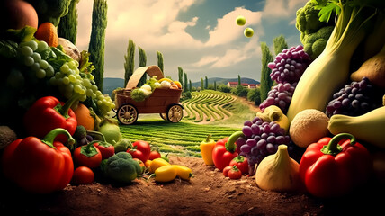 Vegetables natural farm background with a giant vegetables and fruits  