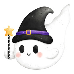 Watercolor Halloween Witch Ghost Holding Magic Star Wand Illustration Isolated on Transparent Background