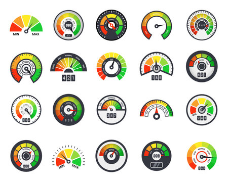 Speedometer gauge meter. Credit score. Min or max scale. Rate level indicator with arrow. Customer satisfaction low or high. Speed measurement. Dashboard element. Vector flat icons set