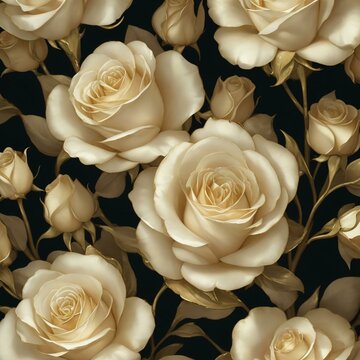 a close-up of a Gold roses pattern background with white flowers. AI-Generated.