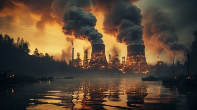 Pollution from industrial plants enters the atmosphere. Carbon emissions concept represented by smoke emission. Generative AI